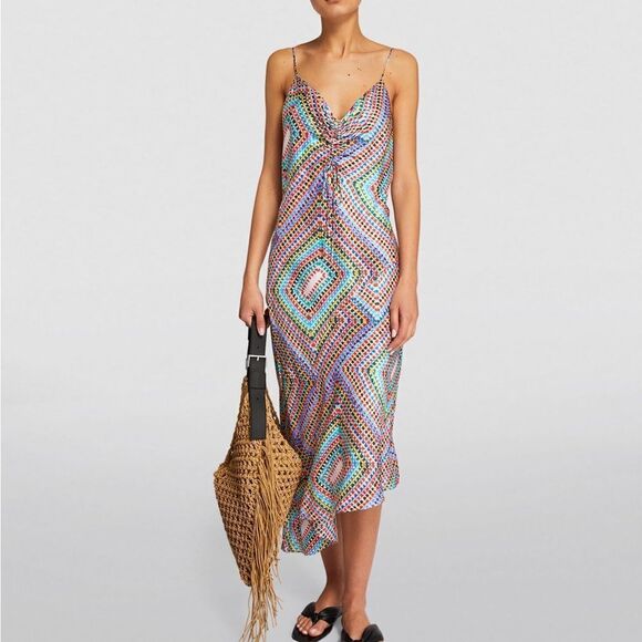 Allsaints ASilk Blend Midi Slip Dress Asymmetric Hem Multicolor Size 10‎ - Picture 2 of 16